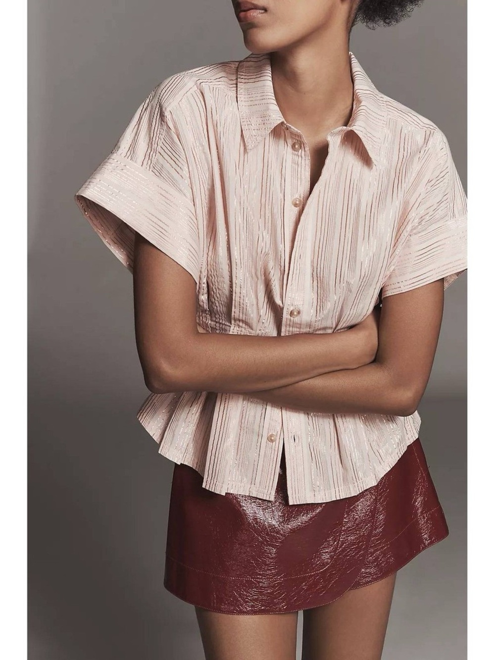 THE BOBBIE SHORT-SLEEVE FITTED-WAIST LUREX STRIPE BLOUSE BY PILCRO